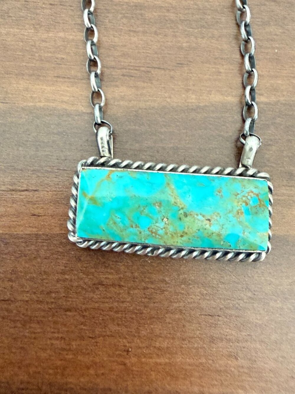 Navajo Made Kingman Turquoise Bar Necklace by Dixon – Sterling Silver